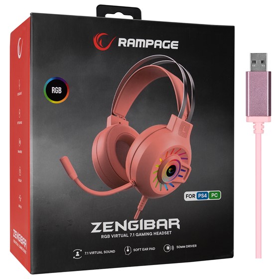 OŠTEĆENA AMBALAŽA - Slušalice RAMPAGE RM-K44 Zengibar, mikrofon, 7.1, RGB, PC/PS4/PS5, USB, roze